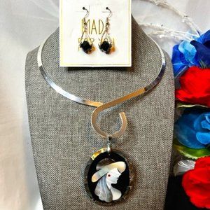 Albacore and Silver Lady in Waiting Pendant on Silver Choker with Earrings.